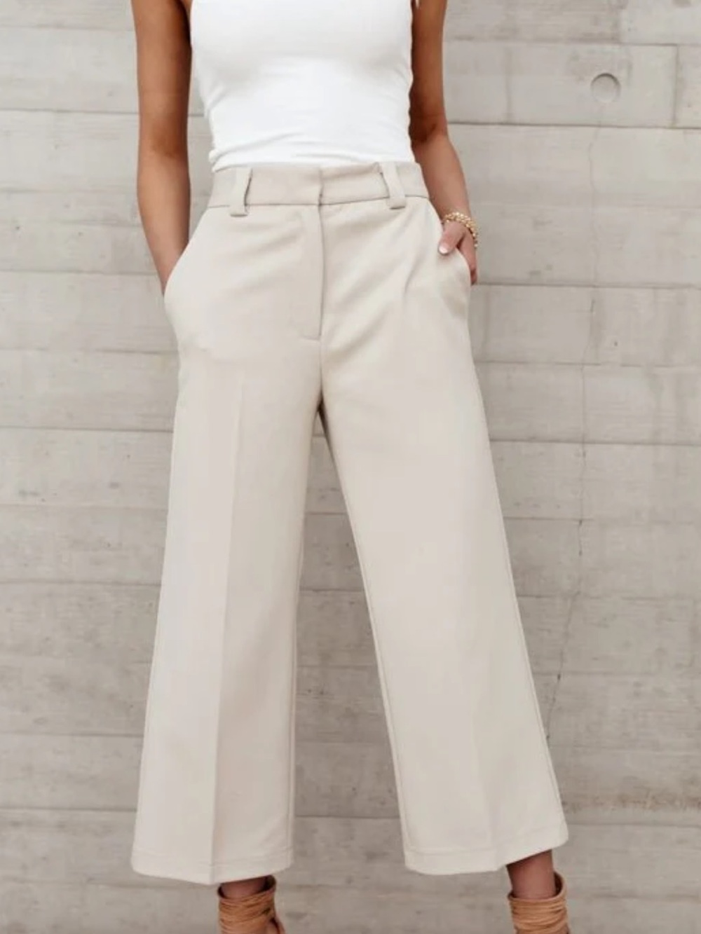 Bohme Wide-Leg High-Waist Crop Pants in Light Beige